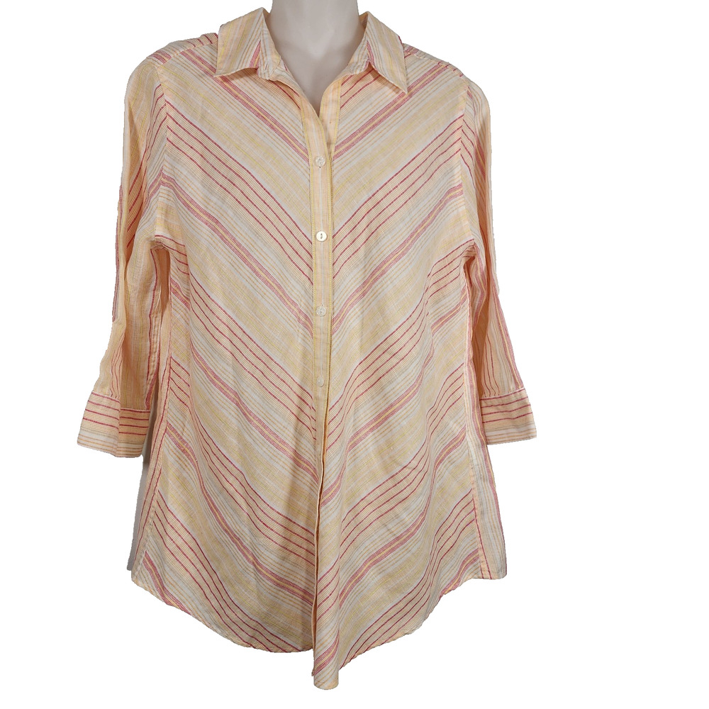 Chicos No-Iron Womens Shirt Size 0 US S Striped 100% Linen Button Up 3/4 Sleeve